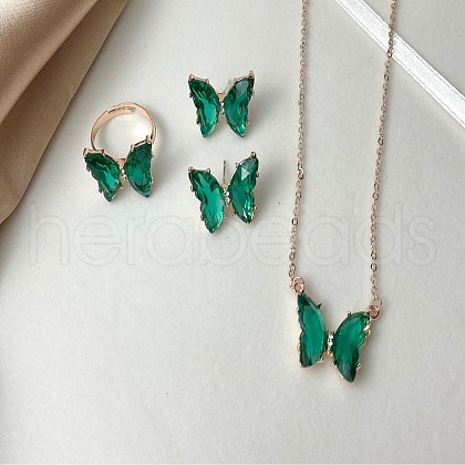 Butterfly Alloy Glass Pendant Necklaces & Stud Earrings & Rings Sets for Women WGA3AF6-02-1