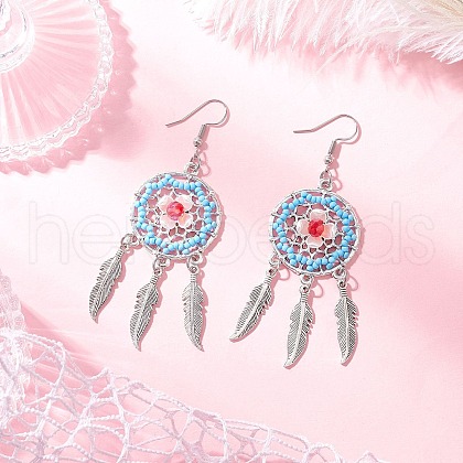 Flat Round with Feather Handmade Glass Seed Beads Chandelier Earrings EJEW-MZ00473-04-1