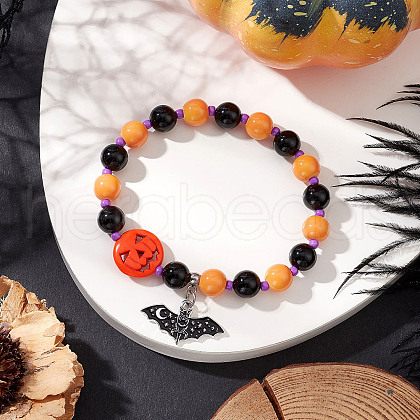 Halloween Theme Baking Painted Glass & Natural Black Onyx(Dyed & Heated) & Synthetic Turquoise Pumpkin Round Beaded Stretch Bracelets BJEW-MZ00188-01-1