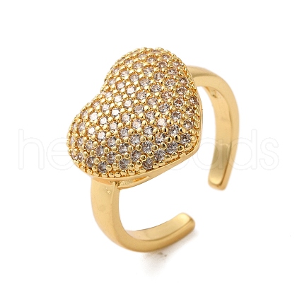 Heart Brass Micro Pave Clear Cubic Zirconia Open Cuff Rings for Women RJEW-A048-08G-1