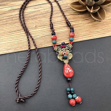 Ethnic Style Flower Alloy & Porcelain Tassel Pendant Long Necklaces for Women FS-WGC9E4C-05-1