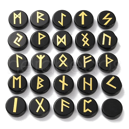 Brass Elder Futhark Alphabet Engraved Symbol Flat Round Natural Obsidian Rune Stones G-I373-01H-1