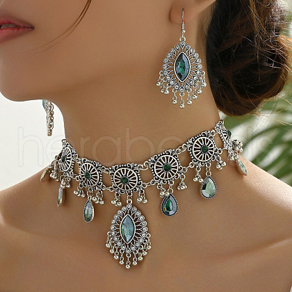 Horse Eye & Teardrop Alloy Glass Tassel Pendant Necklaces & Tassel Dangle Earrings Set for Women WG06225-03-1