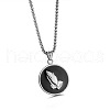304 Stainless Steel Black Flat Round with Praying Hand Pendant Necklaces for Men FS-WGF55F0-02-1