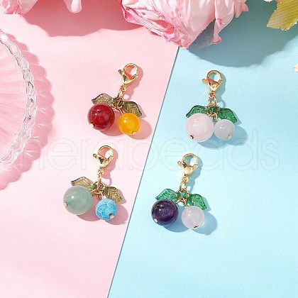 Cherry Natural Carnelian & Rose Quartz & Dyed Malaysia Jade & Dyed Crackle Agate & Green Aventurine & Amethyst & Cat Eye Pendant Decorations HJEW-TA00333-1