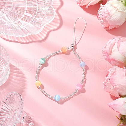 Dyed Natural Selenite & Glass Seed Round Beaded Phone Hand Strap Chains HJEW-JM03363-01-1