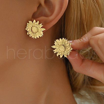 Elegant Stainless Steel Sunflower Stud Earrings HV3770-1