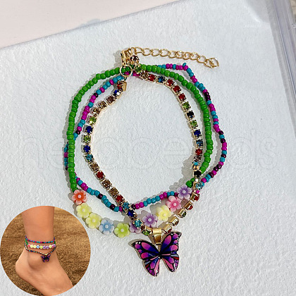 Bohemian Resin & Glass Seed Beaded Stretch Multi-Layered Anklet Sets WG187EB-11-1