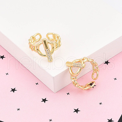 Brass Micro Pave Clear Cubic Zirconia Cuff Rings for Women KK-T074-17G-1