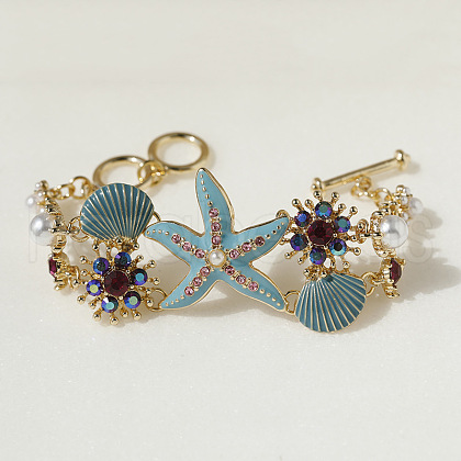 Starfish & Carol Alloy Enamel Charm Bracelets for Women BJEW-Z079-02G-1