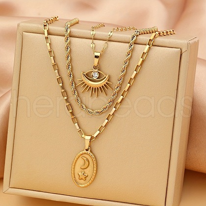 304 Stainless Steel Crystak Rhinestone Eye Pendant 3 Layer Necklaces for Women FS-WG3B4D3-07-1