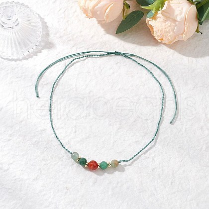 Adjustable Natural Green Aventurine & Dyed Banded Agate Round Braided Beaded Necklaces NJEW-JN05318-1