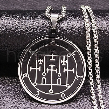 304 Stainless Steel Black Enamel Flat Round Sigil Pendant Necklaces NJEW-H065-03P-1