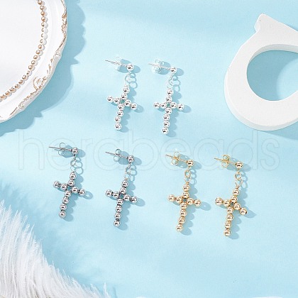 3 Pairs 3 Colors Brass Beaded Cross Dangle Stud Earrings EJEW-JE06479-1