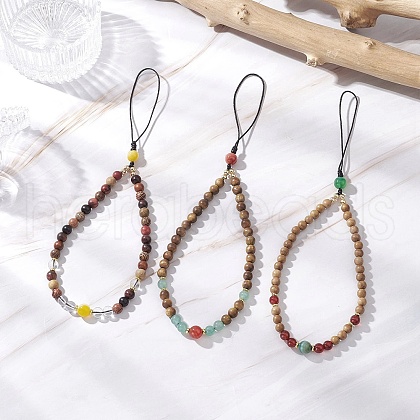 3Pcs 3 Colors Dyed Natural Banded Agate & Green Aventurine & Carnelian & Synthetic Quartz Crystal & Wood Round Beaded Phone Hand Strap Chains HJEW-JM03364-1