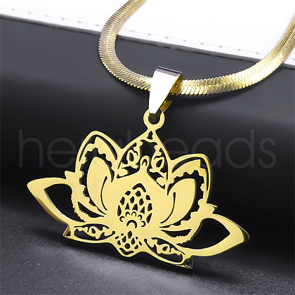 304 Stainless Steel Chakra Lotus Flower Hollow Pendant Necklaces NJEW-K283-29G-1