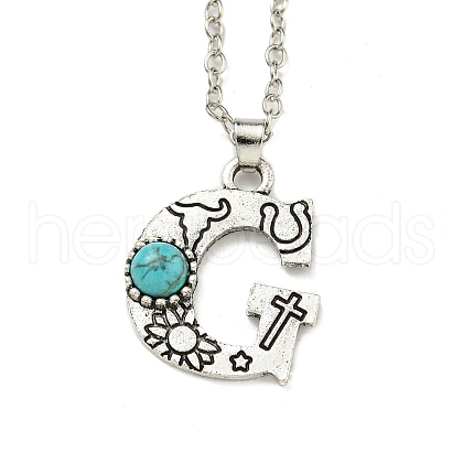 Letter A~Z Antique Silver Plated Alloy with Synthetic Turquoise Pendant Necklaces NJEW-G080-01G-1