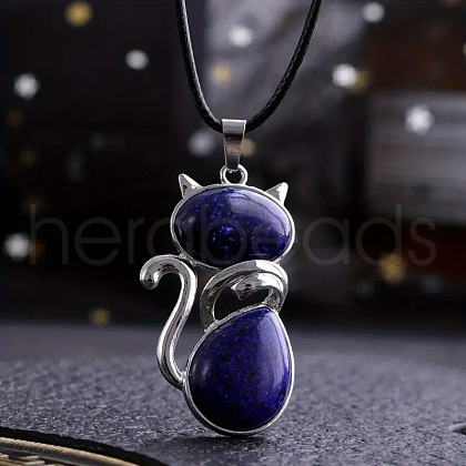 Alloy Pave Natural Lapis Lazuli Cat Shaped Pendant Necklaces FS-WG6CBFA-03-1