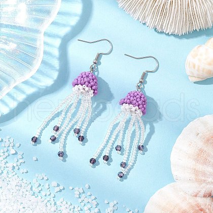 Glass Seed Beaded with Acrylic Beads & Glass Pearl Round Bead Jellyfish Dangle Earrings EJEW-MZ00435-03-1