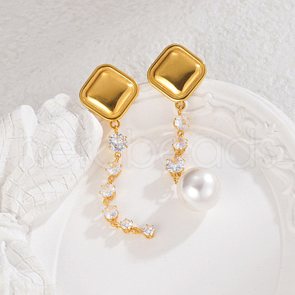 Rhombus 304 Stainless Steel Plastic Imitation Pearl Tassel Stud Earrings EJEW-M101-01G-1