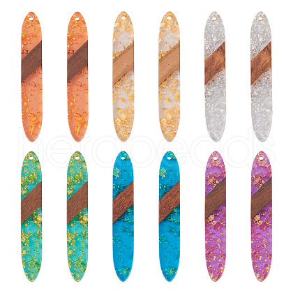  12Pcs 6 Colors Transparent Resin & Walnut Wood Big Pendants WOOD-TA0002-03-1