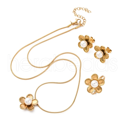 Flower 304 Stainless Steel Pendant Necklaces & Cuff Rings & Stud Earrings Sets SJEW-Z003-05G-1