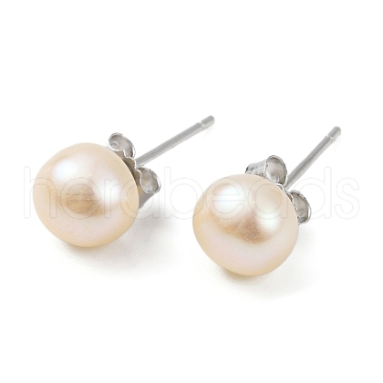 Natural Pearl Round Bead Stud Earrings EJEW-E298-01C-02P-1