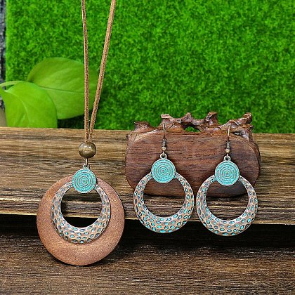Bohemian Alloy & Wood Pendant Necklaces & Dangle Earrings Sets WG8FC17-03-1
