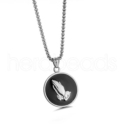 304 Stainless Steel Black Flat Round with Praying Hand Pendant Necklaces for Men FS-WGF55F0-02-1