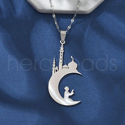 304 Stainless Steel Hollow Moon with Castle and Prayer Pendant Necklaces for Ramadan & Eid Mubarak NJEW-D318-05P-1