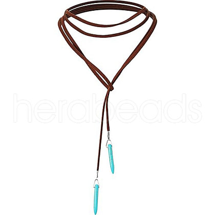 Bohemian Alloy & Synthetic Turquoise Pointed Bullet Shaped Pendant PU Leather Cord Lariat Necklaces FS-WG48C4B-01-1