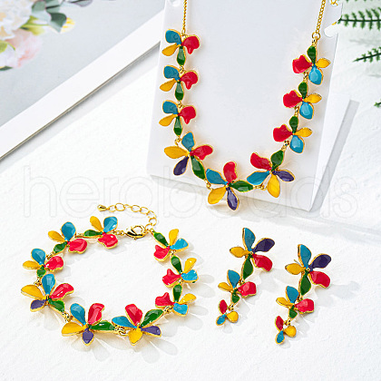 Flower Brass Enamel Pendant Necklace & Stud Dangle Earring & Link Bracelet FS-WG6CF2D-04-1