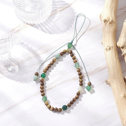 Dyed Natural Banded Agate & Wood Round Beaded Phone Hand Strap Chains HJEW-JM03365-03-1
