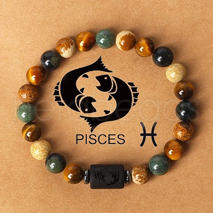 12 Constellations Natural Tiger Eye & Picture Jasper Round Beaded Stretch Bracelets for Men Women WG21EC3-08-1