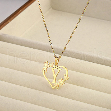 201 Stainless Steel Flower Heart Initial Pendant Necklaces for Women FS-WG08285-11-1