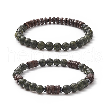 Natural Serpentine & Synthetic Non-magnetic Hematite Beads Energy Stretch Bracelets Set BJEW-JB07142-05-1