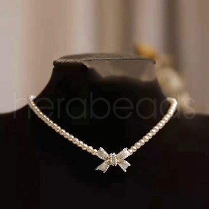 Metal Bowknot Plastic Imitation Pearl Round Beaded Pendant Necklaces for Women WGC8EC3-01-1