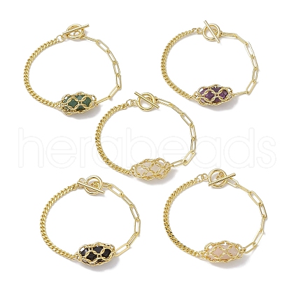 Double Terminal Pointed Mixed Gemstone Link Macrame Pouch Bracelets BJEW-JB10277-1