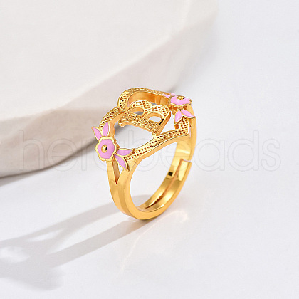 Heart & Flower Brass Pearl Pink Enamel Adjustable Finger Rings FS-WG8B9BA-02-1