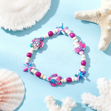 Starfish & Turtle Synthetic Turquoise Dyed Beads Stretch Bracelets for Women BJEW-JB11920-04-1