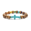 Synthetic Turquoise(Dyed) Cross & Natural Wood Beaded Stretch Bracelet for Women BJEW-JB09150-2