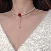 Imitation Pearl Rice Beaded Rose Flower Choker Necklaces with Alloy Crystal Rhinestone Chain FS-WGBE6F4-01-2