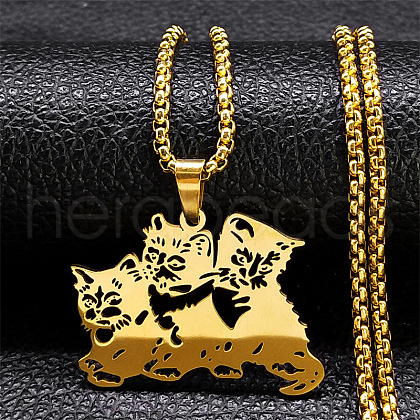 304 Stainless Steel Hollow Cute Cat Pendant Necklaces for Women NJEW-K283-38G-1
