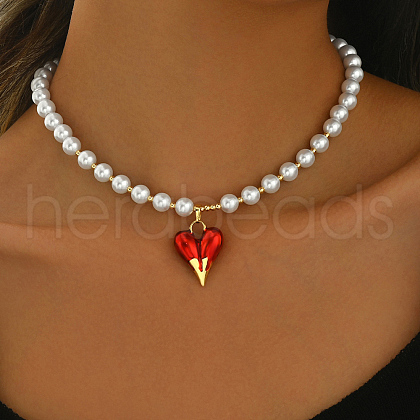 Round Shell Pearl Beaded Brass Red Enamel Heart Pendant Necklaces for Women VQ1969-1-1