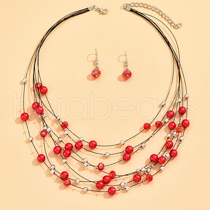 Bohemian Ethnic Style Alloy & Plastic Pearl & Glass Round Beaded Multilayer Necklaces & Dangle Earrings Sets FS-WG56E61-05-1