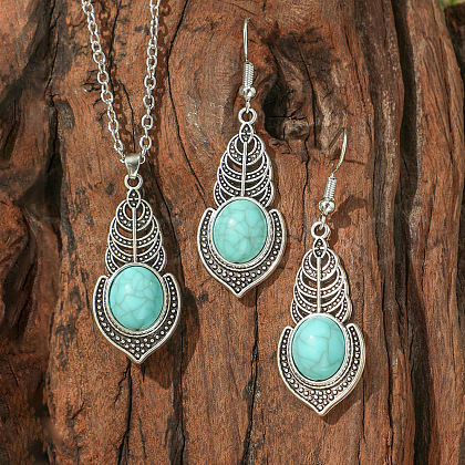 Bohemian Style Alloy & Synthetic Turquoise Pendant Necklaces & Dangle Earrings Sets WG2E1B4-10-1