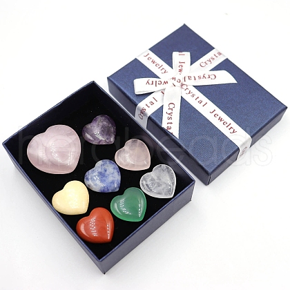 Mixed Natural Gemstone Healing Love Heart Stones Ornaments Set PW-WG36787-01-1