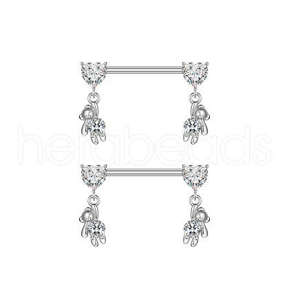 304 Stainless Steel Cubic Zirconia Heart Bear Dangle Nipple Barbells WG20A72-07-1
