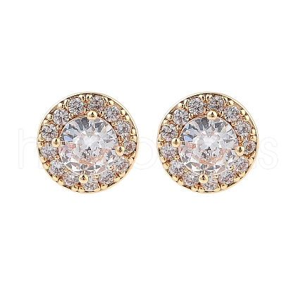 Rack Plating Flat Round Brass Clear Cubic Zirconia Stud Earrings EJEW-M090-19G-03-1