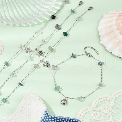 Natural Fluorite Chip Bead Chain Anklets AJEW-AN00671-1